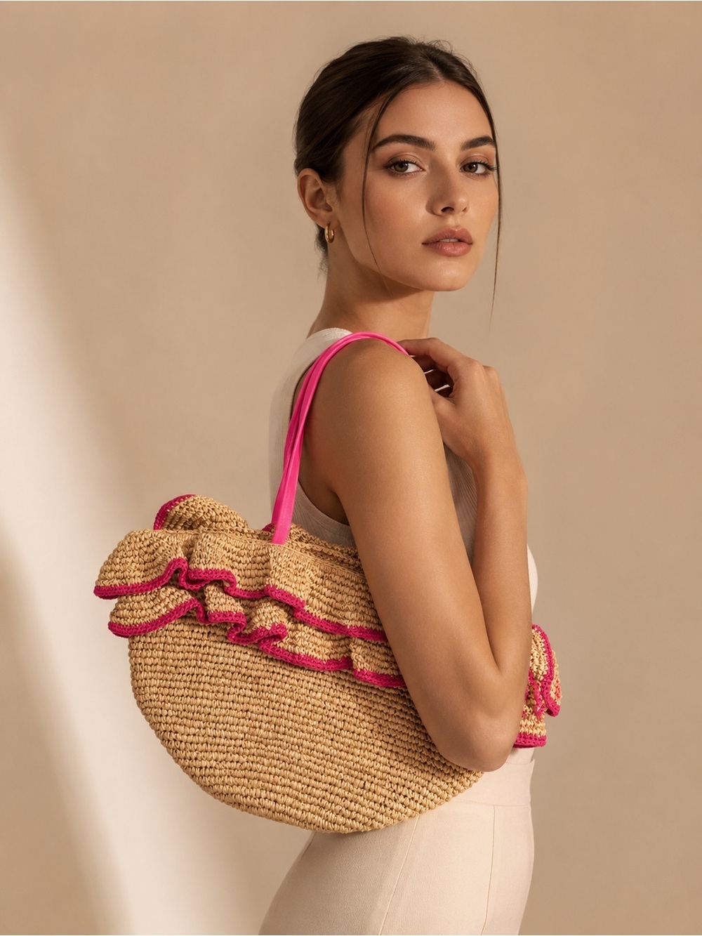 Woven Straw Tote with Pink Ruffle Trim